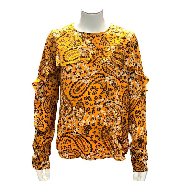 Abercrombie Fitch XS Mustard Paisley Floral Long Sleeve Ruffle Sheer Light Blous - Picture 2 of 14